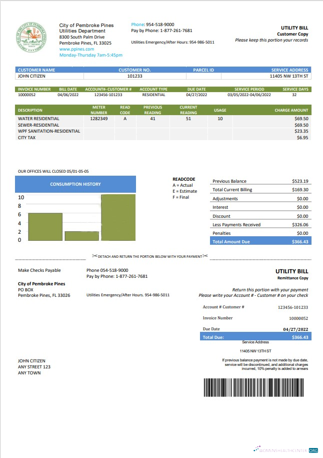 USA Florida City of Pembroke Pines Utilities Department utility bill template in Word and PDF format